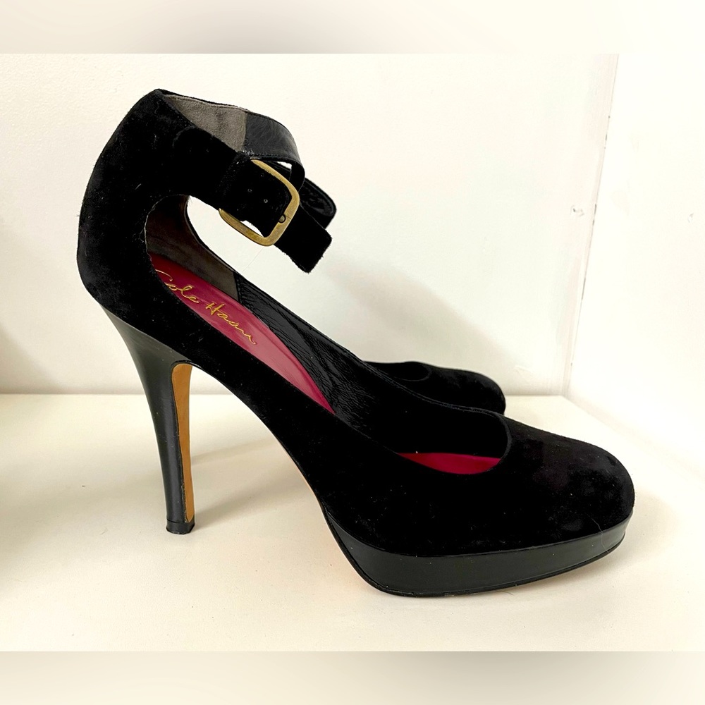 SALE! Coke Haan Black Suede Platform Heels with Ankle Strap